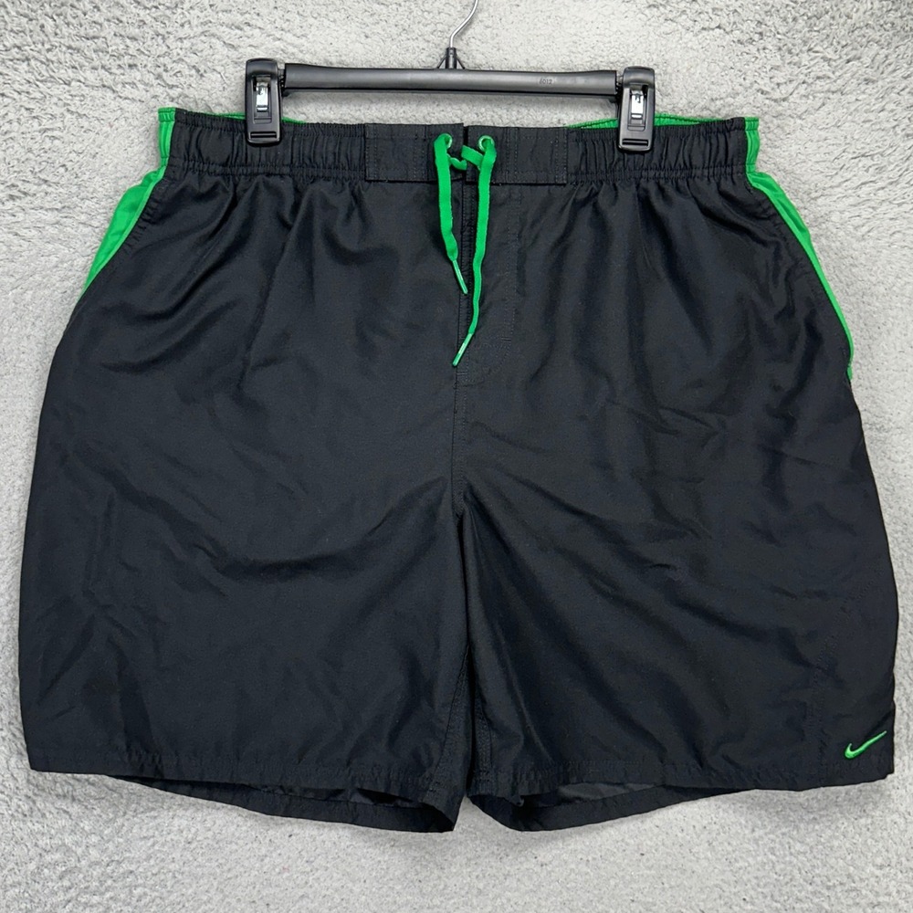 Nike Men Mesh Lined Swim Trunks 2XL Black Green Swimwear Drawstring Board Shorts